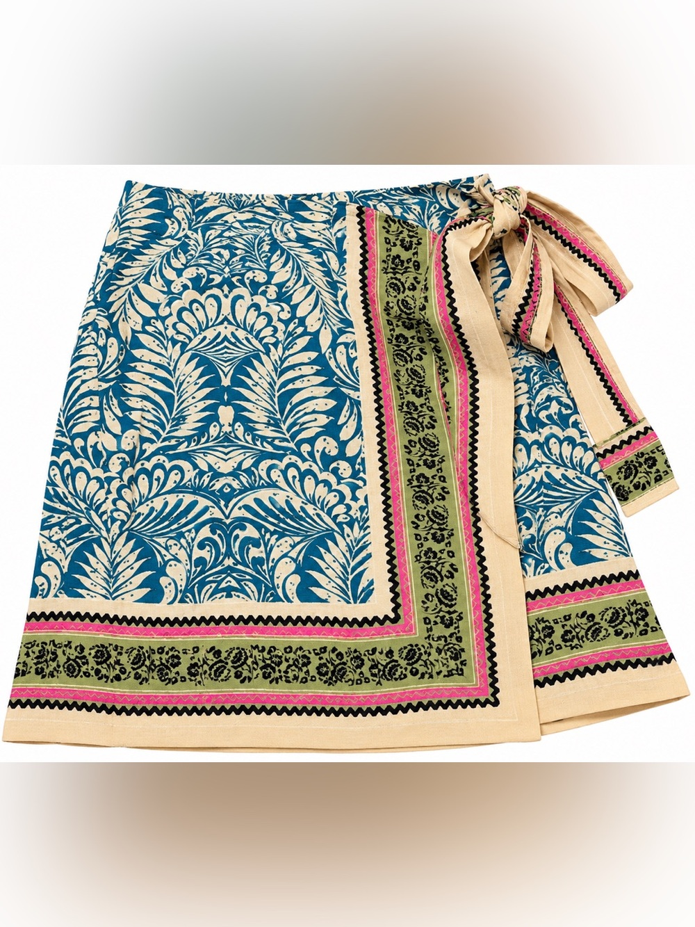 LOFT Blue Botanical Wrap Midi Skirt with Cream, Pink & Green Trim